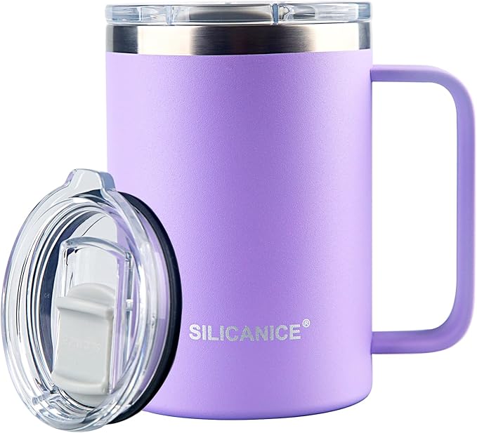 14 oz Purple Stainless Steel Coffee Mug, Reusable Travel Tumbler with Lid & Handle – Dishwasher-Safe Thermos Cup for Women, Ideal for Office/Travel Use with Hot/Cold Drinks