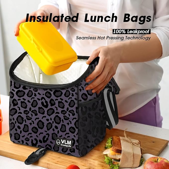 VLM Lunch Bags for Women,Leakproof Insulated Floral Lunch Box with Adjustable Shoulder Strap Reusable Zipper Cooler Tote Bag for Work,Picnic,Camping Leopard-Purple