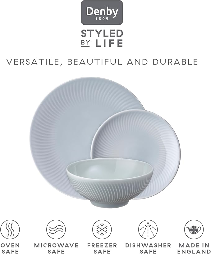 Denby - Arc Grey Porcelain Dinner Set For 4-12 Piece Textured Tableware Set For Any Occasion - Dishwasher Microwave Oven Safe - Scratch Chip Resistant