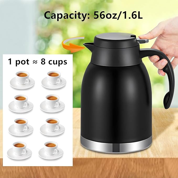 54oz Thermal Coffee Carafe Dispenser, Stainless Steel Double Wall Unbreakable Vacuum Flask 1.6L Water Tea Pot Pitcher for Hot Christmas Carafe Coffee for Home Gifts(Matte Black)