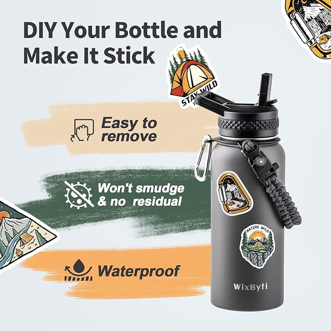 32 oz Insulated Water Bottle with Straw (Cold for 48 Hrs), Stainless Steel Triple Wall Vacuum Sports Water Jug, Leakproof Hydro Cup Flask with Paracord Handle & Straw Spout Lids & DIY Stickers