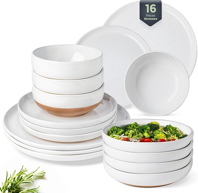 AmorArc Ceramic Dinnerware Sets with Pasta Bowls for 4, Handpainted Plates and Bowls Set with Rustic Terracotta Underside, Scratch Resistant Dishes Set, Dishwasher & Microwave Safe, 16 Pcs