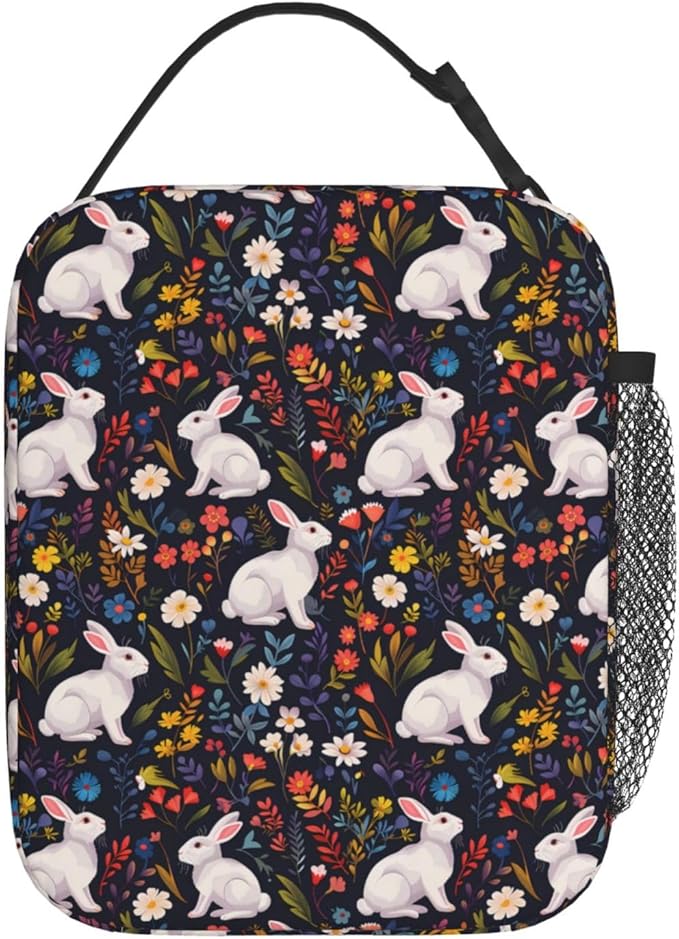 Reusable White Rabbit Lunch Box for Kids Girls Boys Women Adult, Insulated Cute Animal Lunch Bag,Polyester Cooler Handbags Case for School Picnic Work Travel Beach or Hiking (Dark)