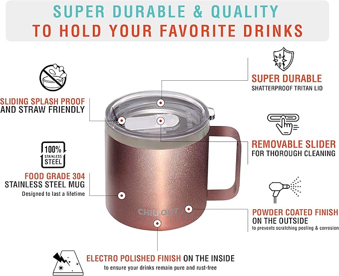 CHILLOUT LIFE Stainless Steel 16 oz - Vacuum Insulated Coffee Mug with Handle and Lid, Large Thermal Camping Coffee Mug Cup with Durable Sliding Lid for Women - Rose Gold