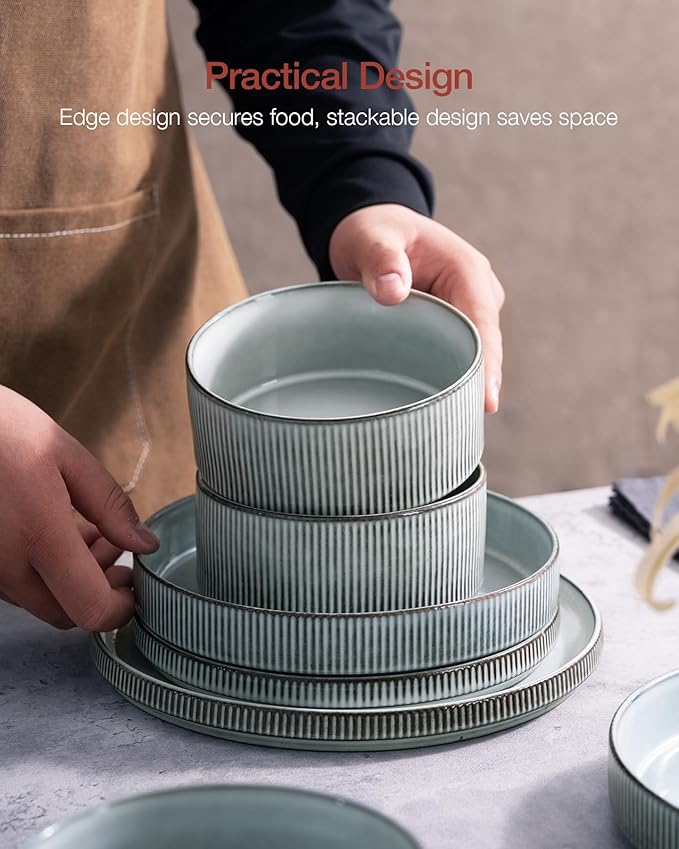 Famiware Star Dinnerware Set with Pasta Bowls, Service for 4 (16pcs), Ribbed Stoneware Plates and Bowls Dishes Sets - Chip & Scratch Resistant, Microwave & Dishwasher Safe, Smoky Blue