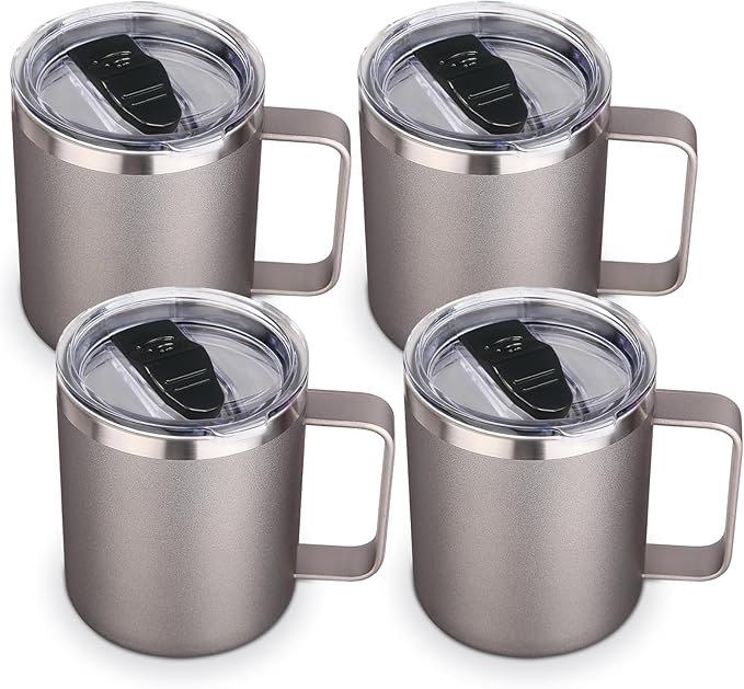 Volhoply 14oz Insulated Stainless Steel Coffee Mug with Lid Bulk 4 Pack,Double Wall Vacuum Travel Coffee Cup with Handle,Reusable Cups Tumbler Cup,Camping Mugs Keep Hot,Ideal Gifts(Gray,4 Set)