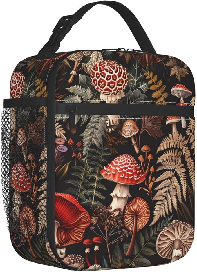 Reusable Mushroom Lunch Box for Kids Girls Boys Women Adult, Insulated Vintage Fern Lunch Bag,Polyester Cooler Retro Handbags Case for School Picnic Work Travel Beach or Hiking (Dark)