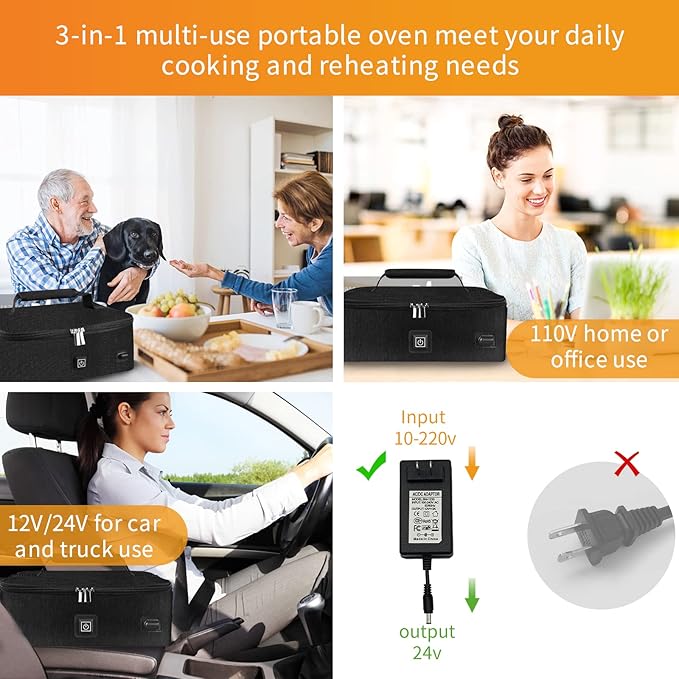 Portable Oven, 12V/24V/110V 3-in-1 Car Food Warmer, Electric Lunch Box For Truckers, Portable Personal Lunch Box Warmer For Road Trip, Office Work, Picnic, Camping, Family Gathering (Black)