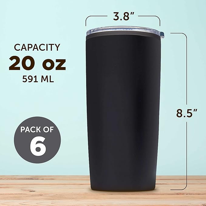 DISCOUNT PROMOS Plastic Tumblers 20 oz. Set of 6, Bulk Pack - With lids, Ice Coffee Tumbler, To Go Cup, Insulated - Black
