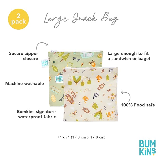 Bumkins Reusable Sandwich and Snack Bags, for Kids School Lunch and for Adults Portion, Washable Fabric, Waterproof Cloth Zip Bag, Travel Pouch, Food-Safe Storage, Large 2-pk Green Camp Friends