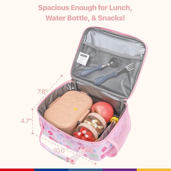 Bagseri Kids Lunch Bag for Girls - Insulated Kids Lunch Box for Daycare and School Reusable Meal Tote Bag with Water Bottle Holder, Easy-Clean Water-Resistant Fabric, Pink Floral