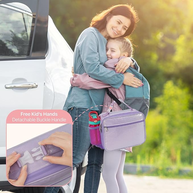 Bagseri Kids Lunch Bag Girls - Kids Lunch Box Insulated Leak-Proof and Reusable Lunch Bag for Girls with Water Bottle Holder Toddler Lunchbox for Daycare and School, Glitter Purple