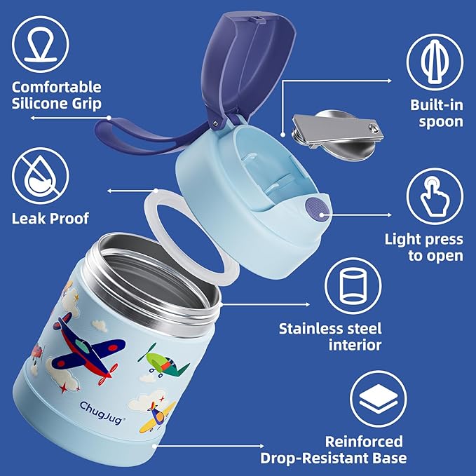 15 oz Soup Thermo for Hot Food Kids Insulated Food Jar with Spoon, Lunch Thermo Container, Width Mouth Vacuum Stainless Steel Food Thermo for School Travel, Leakproof, Easy to Open(Blue)
