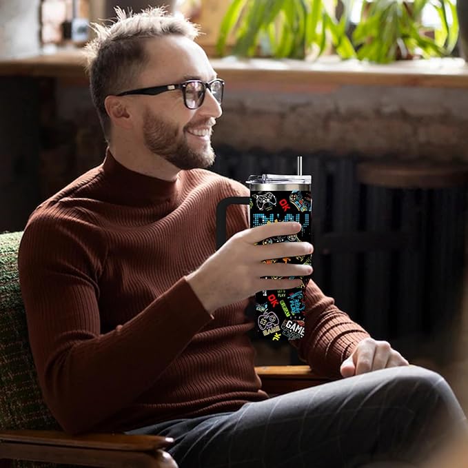 Gamer Gifts for Men Boys Tumbler with Handle and Straws 30oz Stainless Steel Gamer Insulated Travel Cups - Birthday Present for Men, Dad, Son, Husband - Gaming Gifts for Him Coffee Mugs