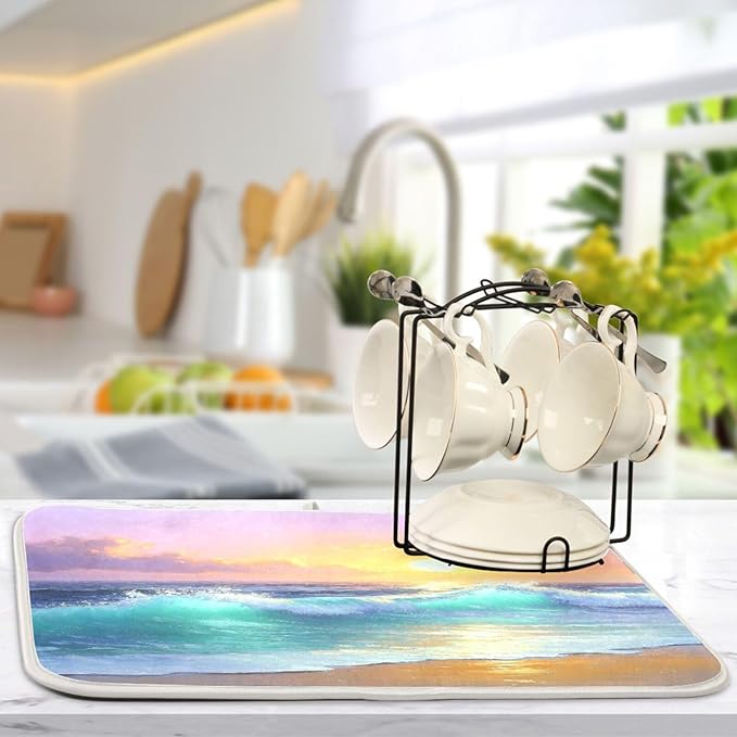 Sun Shines Waves Purple Sky Dish Drying Mat for Kitchen Counter Super Absorbent Dishes Pad Reversible Microfiber Protector Dish Draining Mats 18x24 inch