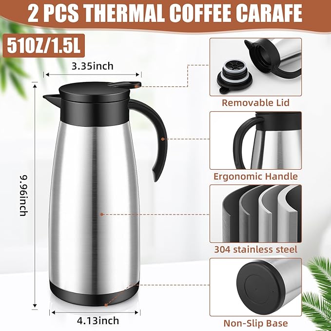 Uiifan 2 Pcs Thermal Coffee Carafe Insulated Stainless Steel Coffee Carafes for Keeping Hot and Cold Double Walled Vacuum Thermal Pot Flask with Brush for Water Milk Tea Home and Office (Silver,51oz)