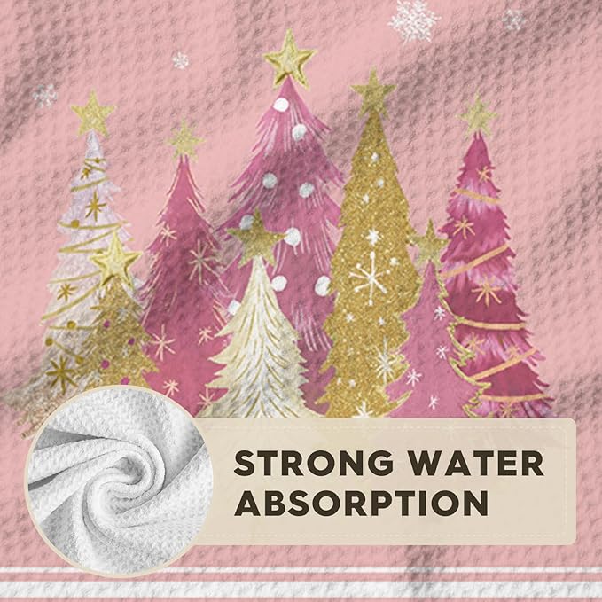 Artoid Mode Pink Star Xmas Tree Merry Christmas Kitchen Towels, 18x26 Inch Quick Dry Microfiber Cloth Dish Towels for Kitchen Drying Set of 2