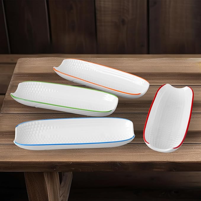 Cinf Colorful Side Ceramic Corn Cob Holders 8.8" Corn Dishes Set of 4, White Dishes Non-slip Bottom Microwave Dishwasher Oven Safe