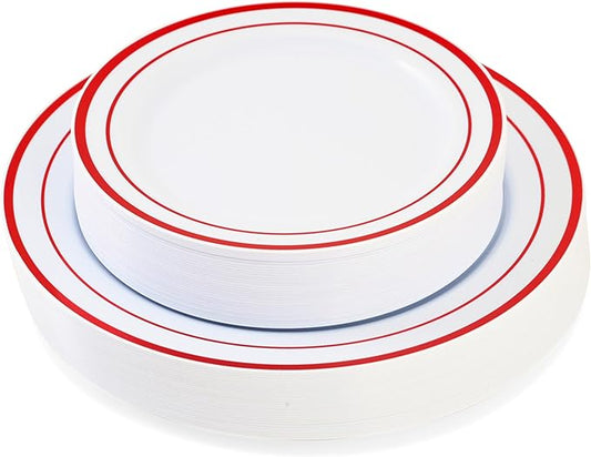 120-Piece Plastic Plates Set Premium 60 Dinner & 60 Salad Plates Pack, Disposable Plates for Party - White Plastic with Red Rim