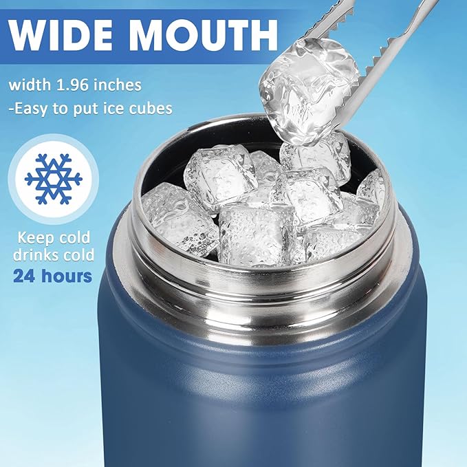 24 oz Insulated Water Bottle with Straw, Stainless Steel Double Wall Vacuum Thermos with Straw Lid Leak Proof, Wide Mouth Lid, Keep Cold and Hot