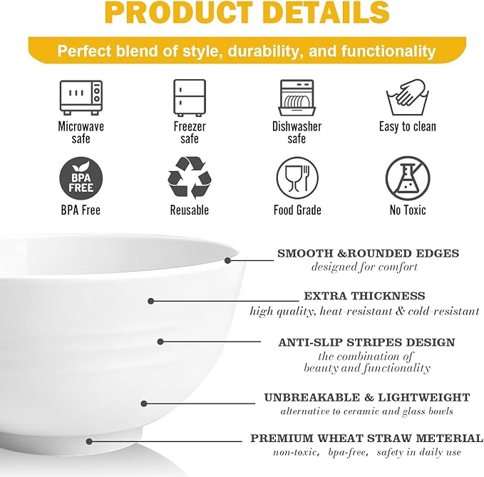 Wheat Straw Small Bowls 10 OZ, Unbreakable Dessert Bowls Set of 6, Microwave & Dishwasher Safe Bowl for Kitchen, Mini Reusable Plastic Bowl for Kitchen, White