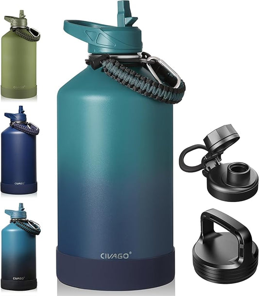 CIVAGO Gallon Insulated Water Bottle Jug with Straw, 128 oz Large Stainless Steel Water Flask, Big Metal Thermal Mug with 3 Lids for Sports, Travel, Gym, and Camping, Deep Cyan