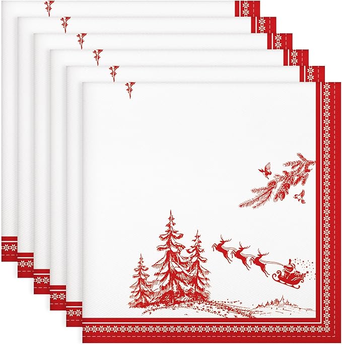 Christmas Pine Tree Napkins, 18×18 Inch Santa Dinner Cloth Napkins Set of 6, Washable Cotton Soft Absorbent Square Napkins for Dining Kitchen Party Wedding Decoration