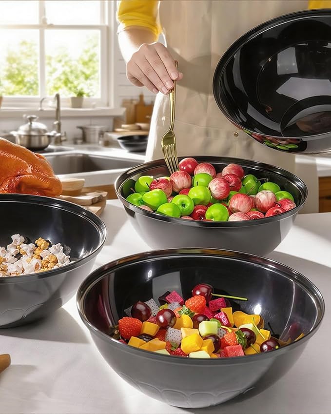 BESTVIP 150oz 4 Pack Black Plastic Serving Bowls for Party, Disposable 11.6" Large Salads Container for Snacks, Chips, Meal Prep, Stackable Candy Dishes for Halloween, Christmas, Holiday, Reusable