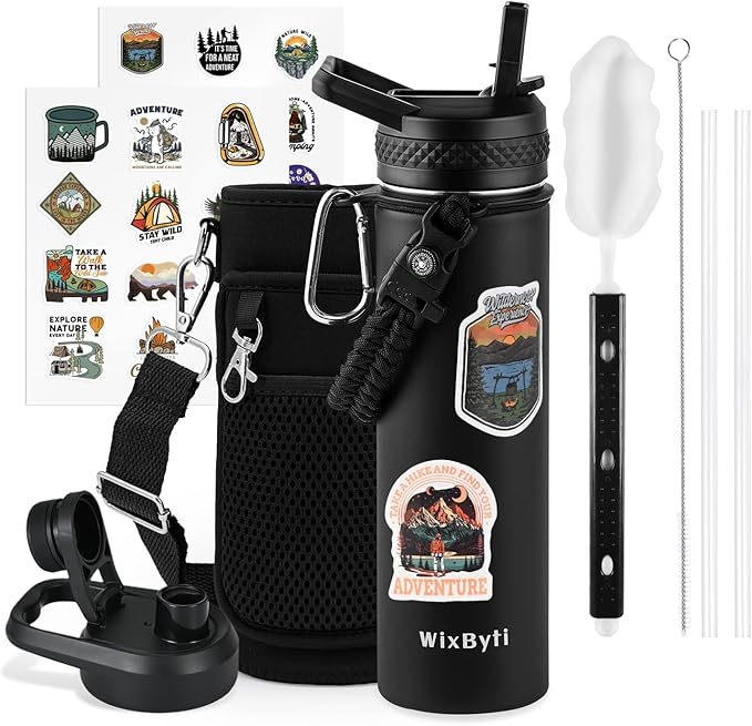 20 oz Insulated Water Bottle with Straw (Cold for 48 Hrs), Stainless Steel Triple Wall Vacuum Sports Water Jug, Leakproof Hydro Cup Flask with Paracord Handle & Straw Spout Lids & DIY Stickers