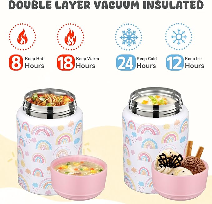 17oz Soup Thermo for Hot Food Kids Insulated Food Jar,Thermo Hot Food Lunch Container, Width Mouth Stainless Steel Lunch Box for Kids with Handle Folding Spoon(White - Little Rainbow)