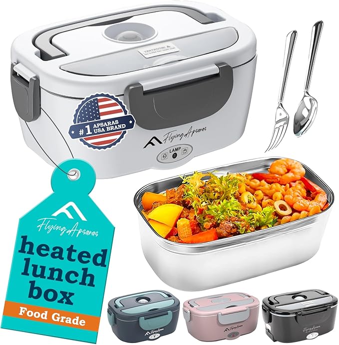 APSARAS USA Electric Lunch Box 60-80W Food Heater for Adults, 12/24/110V Portable Lunch Warmer Upgraded Heated Lunch Box for Car/Truck/Office with SS Fork&Spoon and Insulated Carry Bag (white)