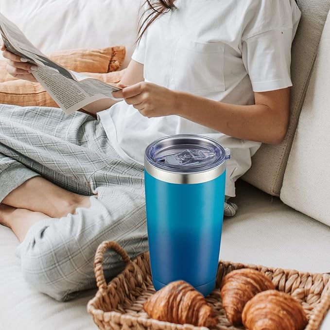 COMOOO 20oz Tumbler with Straw Stainless Steel Insulated Coffee Tumbler Cups Double Wall Vacuum Travel Coffee Mug with Splash Proof Sliding Lid for Hot Cold Drinks (Dark Night, 2 Pack)