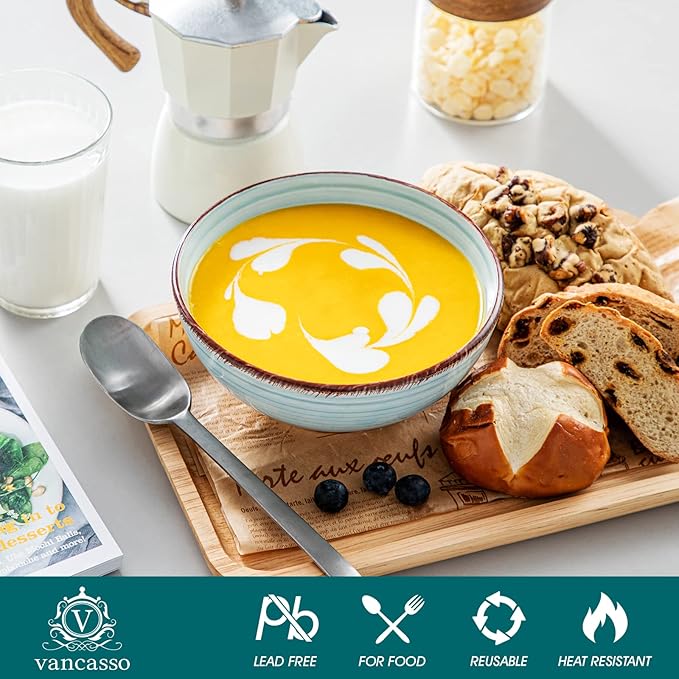 vancasso Bonita 27 Oz Cereal Bowls Set of 6, Blue Ceramic Bowls for Kitchen, 6 Inch Soup Bowls, Dishwasher & Microwave Safe