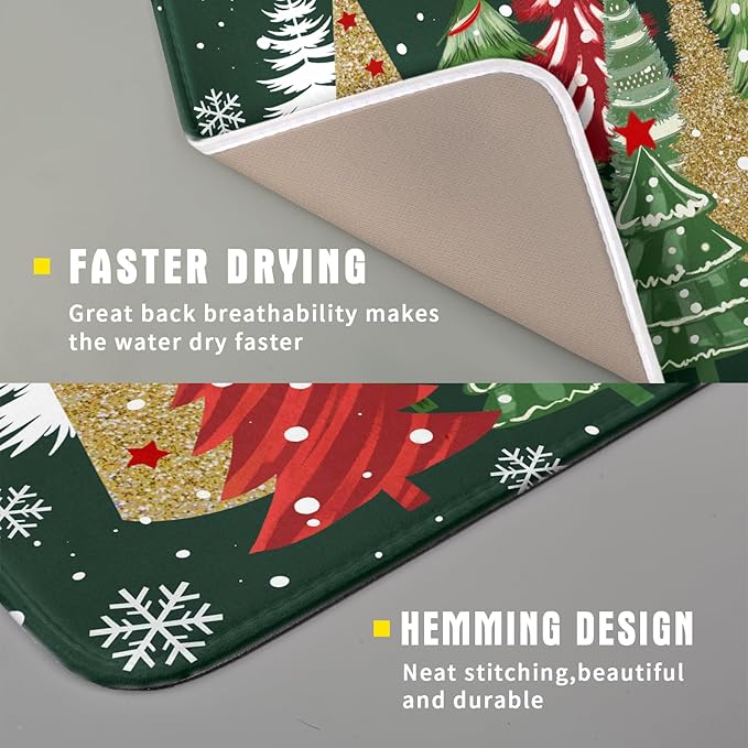 Christmas Green Dish Drying Mats 16x18 Inch, Farmhouse Gold Red Xmas Pine Trees Winter Holiday Absorbent Fast Dry Microfiber Dishes Drainer Rack Pad Farmhouse Rustic Holiday Kitchen Decor