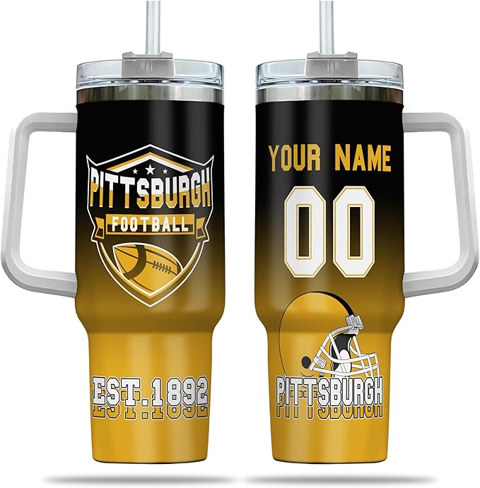 Football Personalized 40oz Insulated Travel Mug with Handle & Straw, Stainless Steel Custom Tumbler, Name & Number Cup, Sports Gift for Men Women (Pittsburgh)
