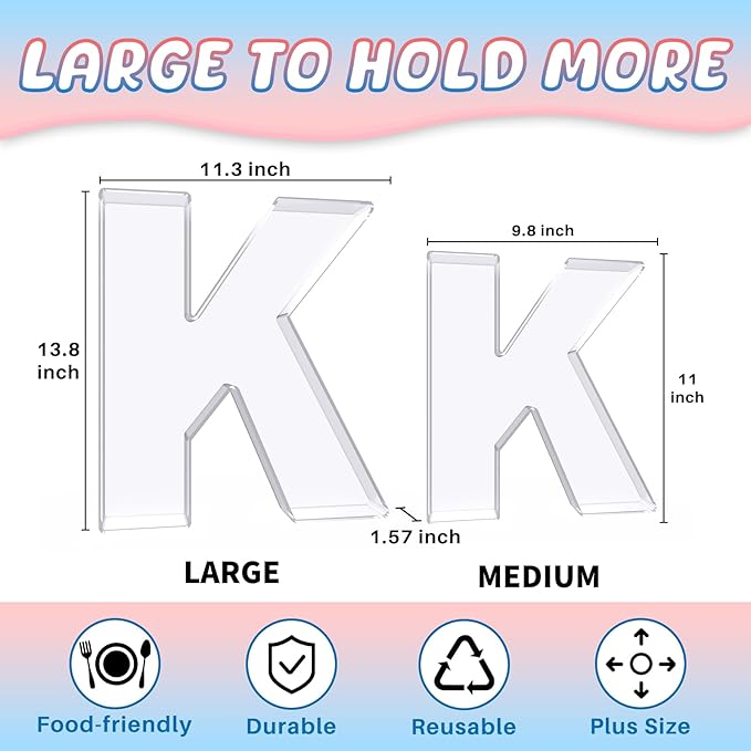 13.8" Extra Large Acrylic Letter Charcuterie Board Box, Reusable Fillable Letter Cake Candy Dish Display Serving Tray for Birthday Anniversary Party Decoration (K)