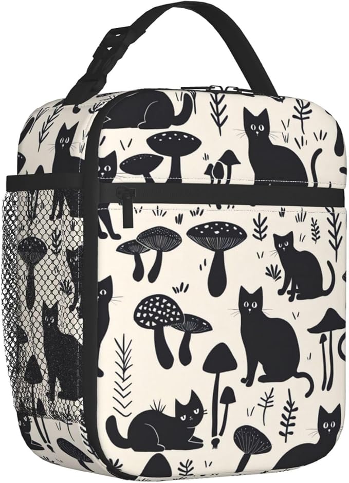 Reusable Mushroom Lunch Box for Kids Girls Boys Women Adult, Insulated Cute Black Cat Lunch Bag,Polyester Cooler Retro Handbags Case for School Picnic Work Travel Beach or Hiking (Beige)