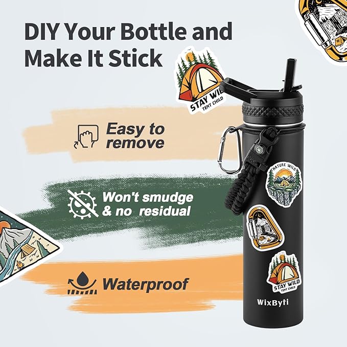24 oz Insulated Water Bottle with Straw (Cold for 48 Hrs), Stainless Steel Triple Wall Vacuum Sports Water Jug, Leakproof Hydro Cup Flask with Paracord Handle & Straw Spout Lids & DIY Stickers