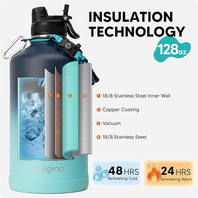 [2-IN-1 LID] Gallon Insulated Water Bottle with Silicone Boot (48hrs Cold/24hrs Hot) - DIY Stickers, Leakproof, BPA Free, 128 oz