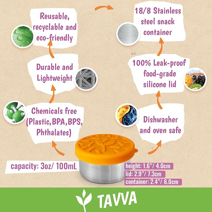 TAVVA 4 X 3 oz Food Storage Containers with Lids - Leakproof w/Silicone Lids - BPA Free - Dishwasher & Freezer Safe - Portable & Reusable - Small Stainless Steel Snack Cups Dressing Containers