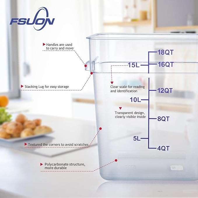 4 Pack Clear Food Storage Containers with Lids and Handles Polycarbonate Square Commercial Food Containers, NSF (18Qt)