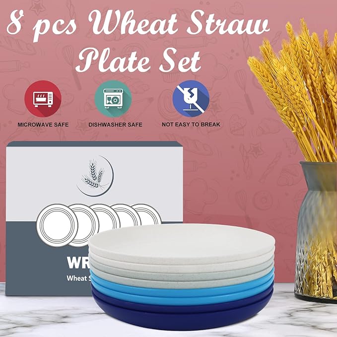 Wrova Wheat Straw Plates - 10 Inch Unbreakable Dinner Plates Set of 8 - Dishwasher & Microwave Safe Plastic Plates Reusable - Plates easy to clean for kitchen,camping.White-Grey-Blue, Island Series