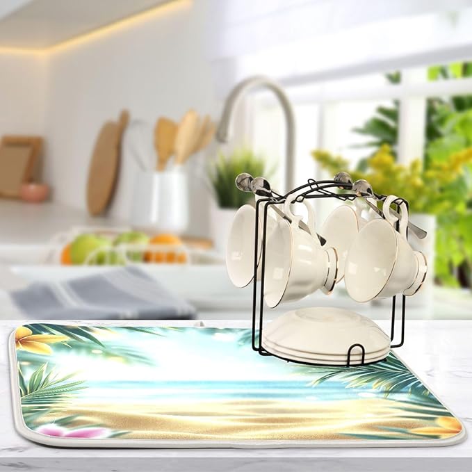 Summer Tropical Flowers Palm Leaves Dish Drying Mat for Kitchen Counter Super Absorbent Dishes Pad Reversible Microfiber Protector Dish Draining Mats 16x18 inch