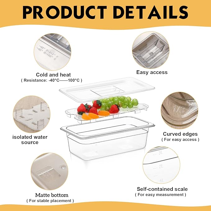 Sunnyray 6 Set 1/3 Size Polycarbonate Food Pans with Lids and Drain Shelf Clear Square Food Storage Containers for Kitchen Restaurant Fruit Vegetable Food Container and Storage (4 Inch Deep)