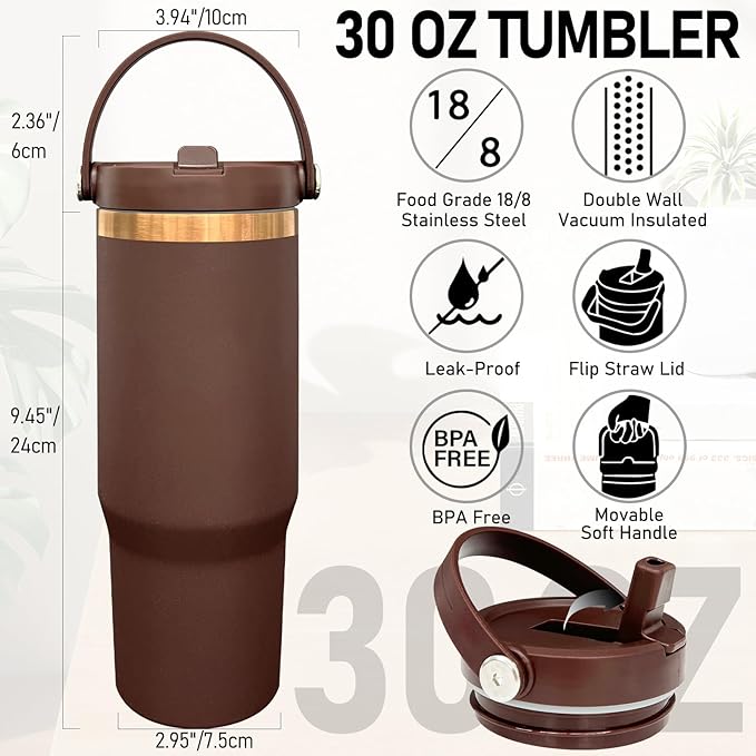 30 oz Tumbler Bulk with Handle and Straw, Vacuum Insulated Tumblers with Flip Straw and Top Handle, Leakproof Powder Coated Tumbler, Stainless Steel Travel Mug for Coffee Water (Browm, 4 Pack)
