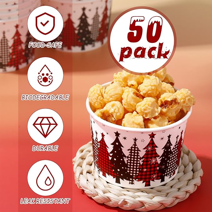 50 Pack Christmas Tree Treat Snack Cups Xmas Red and Black Buffalo Plaid Paper Ice Cream Cups 9 oz Disposable Dessert Bowls Soup Bowls for Hot or Cold Food Winter Xmas Holiday Party Supplies