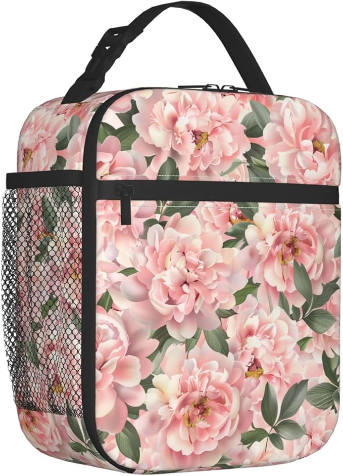 Reusable Pink Peony Floral Lunch Box for Kids Girls Boys Women Adult, Insulated Romantic Flower Lunch Bag,Polyester Cooler Handbags Case for School Picnic Work Travel Beach or Hiking