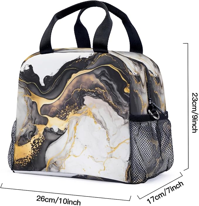Black Gold White Marble Pattern Lunch Bag for Women Men Cute Large Capacity Thermal Lunch Tote Reusable Washable with Adjustable Shoulder Strap and Dual Large Mesh Side Pockets