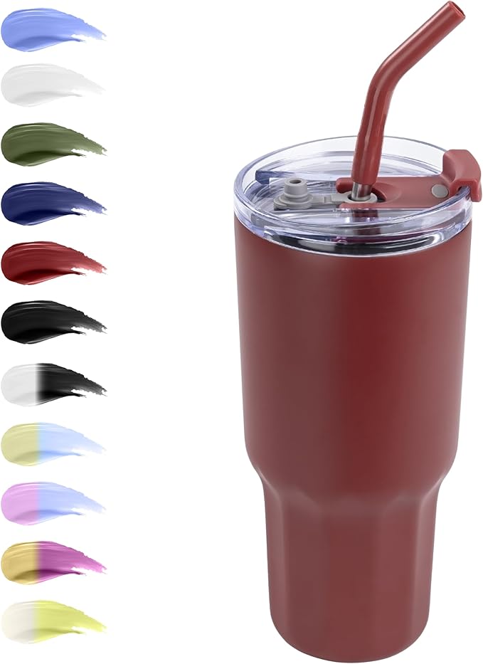 VEGOND 30 oz Insulated Stainless Steel Tumbler with lid and straw Double Wall Vacuum Travel Coffee Mug with Non-Slip Silicone Base, Sweat Proof Powder Coated Cup for Hot Cold Drinks, Red