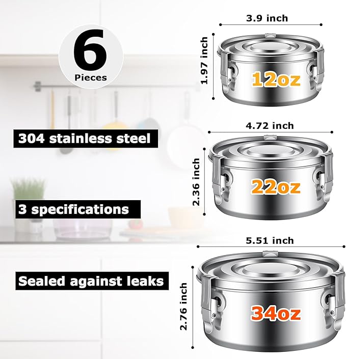 Zopeal 6 Pcs Stainless Steel Food Storage Containers with Lid Bento Lunch Boxes Reusable Metal Flat Canisters for Camping Trips Picnic Snacks Soups Salads Leftovers, 3 Sizes (12oz, 22oz, 34oz)